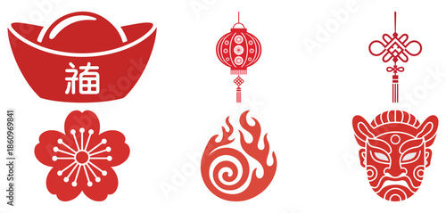 Chinese New Year Red Symbols on White Background