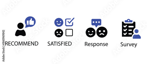 Survey icon set. Containing feedback, opinion, questionnaire, poll, research, data collection, review and satisfaction icons. Solid icon collection. Vector illustration