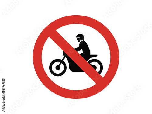 No motorcycle sign with red prohibited circle and black motorbike silhouette isolated on transparent background vector