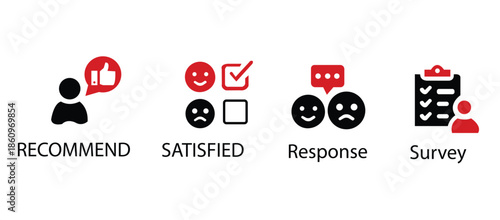 Survey icon set. Containing feedback, opinion, questionnaire, poll, research, data collection, review and satisfaction icons. Solid icon collection. Vector illustration