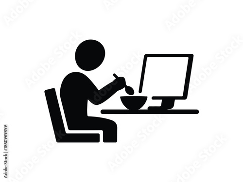 Person eating food while working on computer in office setting with desk and chair silhouette for digital convenience