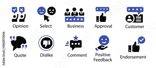 Survey icon set. Containing feedback, opinion, questionnaire, poll, research, data collection, review and satisfaction icons. Solid icon collection. Vector illustration.