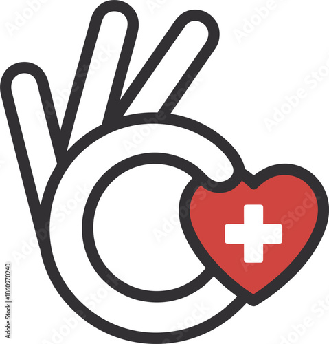 Outline OK Hand Gesture with Red Heart and White Cross vector