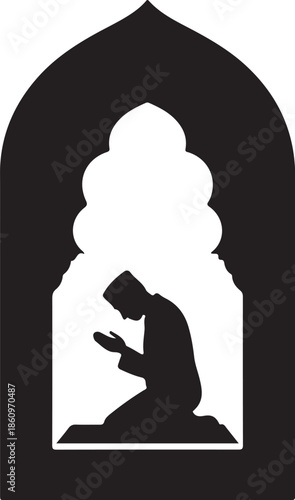 Silhouette of person praying in arched window kneeling
