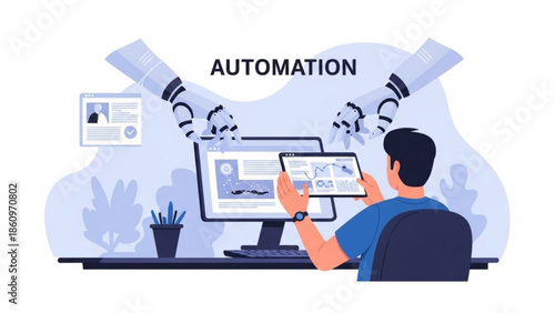 Businessman working with automation technology and robotics in modern office