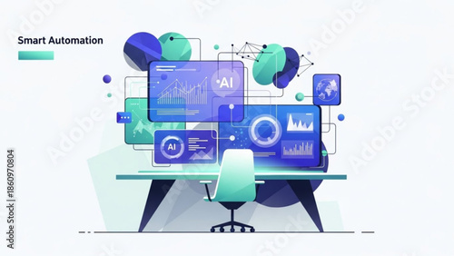 Modern office workspace with AI technology and smart automation