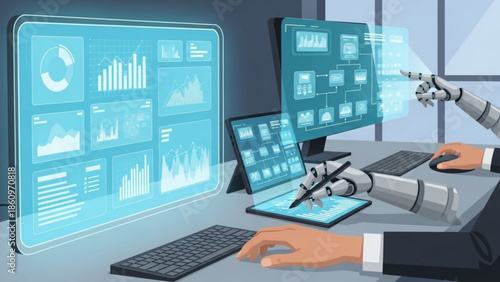 Businessman working with robotic arm in modern office space with multiple screens