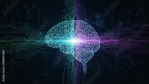 Brain made of glowing circuit board with vibrant purple and blue light