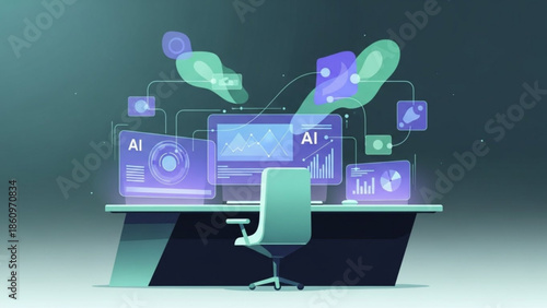 Modern office workspace with AI technology and data visualization tools