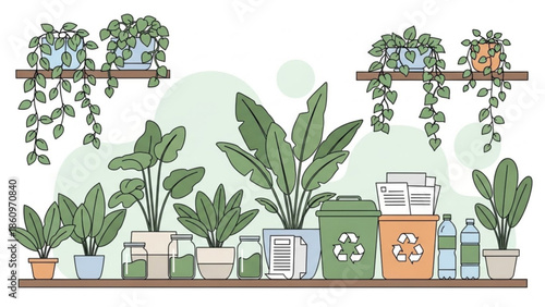 Eco friendly home with plants and recycling bins on shelf