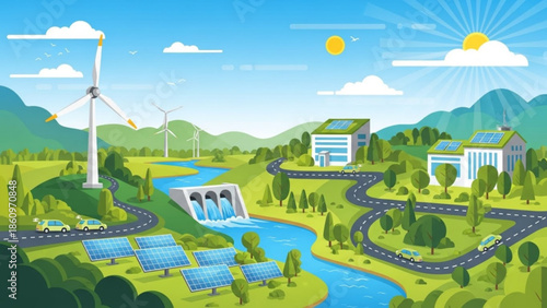 Sustainable landscape with renewable energy sources and green technology