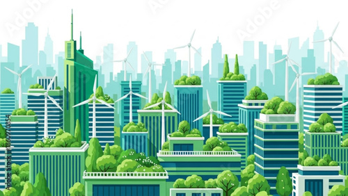 Sustainable cityscape with green buildings and wind turbines