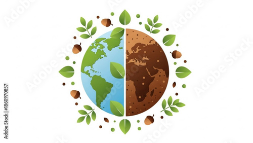 Split earth with green and brown halves surrounded by leaves and acorns