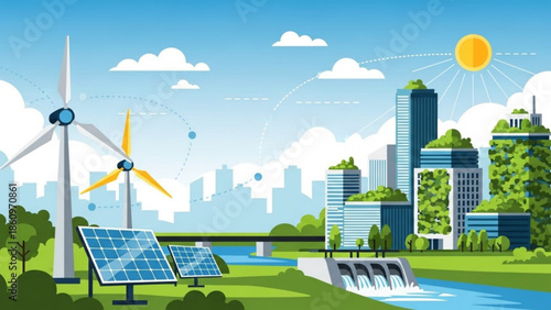 Sustainable cityscape with renewable energy sources and green architecture