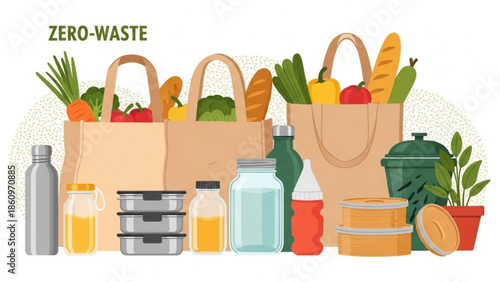 Zero waste lifestyle with reusable bags and containers