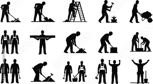 Construction worker silhouette set showing laborers performing building, repair, lifting, and maintenance tasks in industrial work scenes