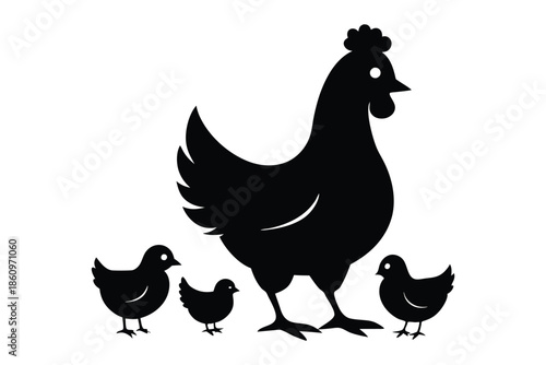 Mother hen with her chicks silhouette on white background