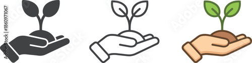Three icons of a hand holding a sprouting plant on white background seedling