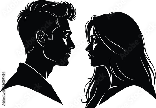Romantic silhouette of man and woman facing each other, symbolizing love, connection, emotion, and intimate relationship moments