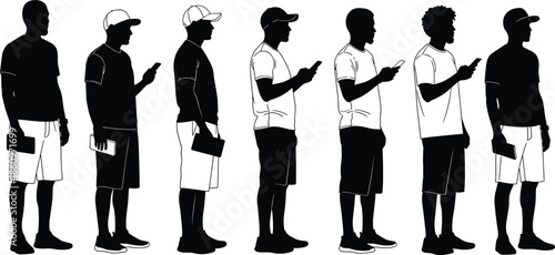 Silhouette collection of young men standing and using smartphones, showing modern lifestyle, communication, and casual fashion poses