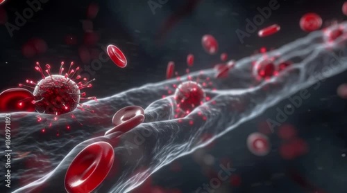 Blood cells, bacteria and virus traveling through a vein. bubble air particle under the water, science biology infection blood cell and virus concept 4K motion graphic