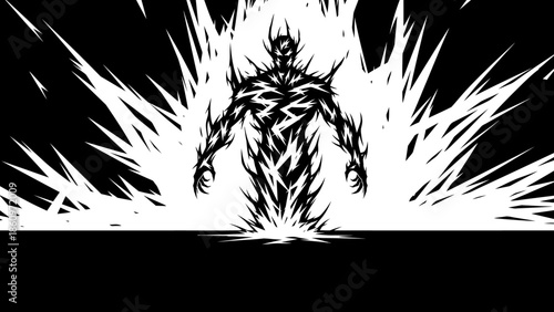 Monochromatic Abstract: A Figure Emerging from Shattered Light and Darkness