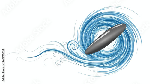 Abstract illustration featuring a grey object surrounded by swirling blue lines