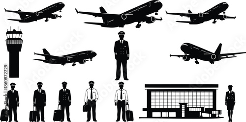 Aviation and airport silhouette collection featuring airplanes, pilots, control tower, and terminal building for travel and airline concepts