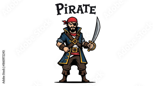 Cartoon Illustration of a Fierce Pirate Character with Sword on White Background