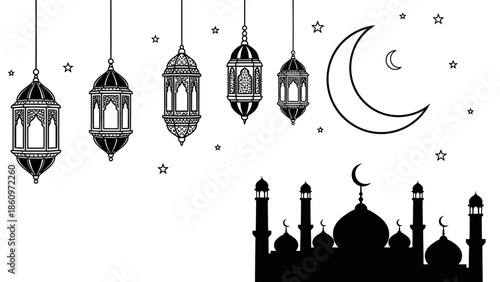Elegant Ramadan Illustration with Hanging Lanterns, Crescent Moon, and Mosque Silhouette