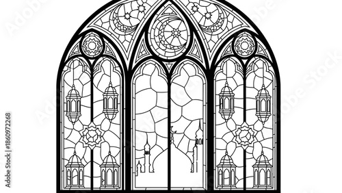 Detailed black and white vector illustration of a stained glass window with Islamic design elements