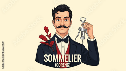 Elegant Sommelier Illustration Holding Corkscrew in Cartoon Style with Red Leaves
