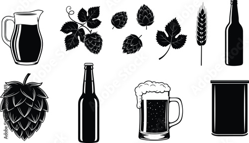 Beer brewing elements illustration featuring hops, barley, bottles, mugs, and brewing ingredients for craft beer and brewery concepts