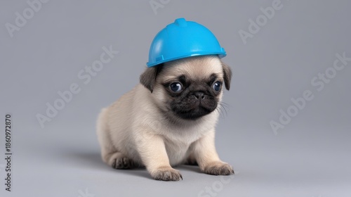 Adorable pug puppy wearing a bright blue safety helmet curiously looking around