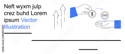 Cryptocurrency, fintech, blockchain, token economy, financial growth, transactions. Hand exchanging a dollar for a token with growth arrows. Cryptocurrency and fintech concept