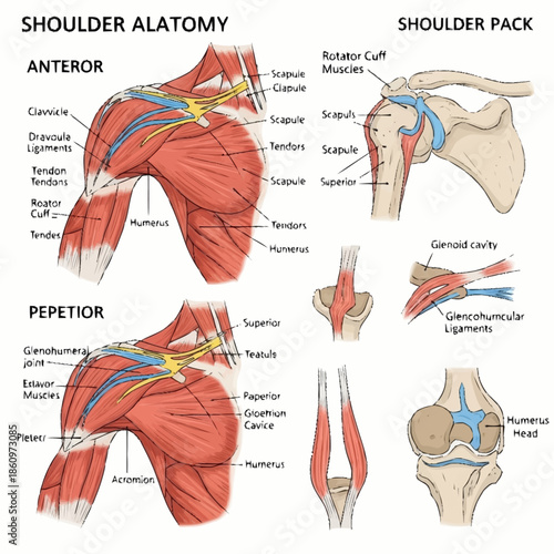 Detailed anatomical diagram of the human shoulder muscles and joints.