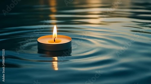 Floating candle on water, creating gentle ripples, soft light