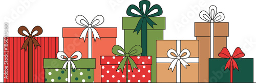 Colorful stacked gift boxes with ribbons and bows representing celebration, holidays, surprises, and festive seasonal gift giving