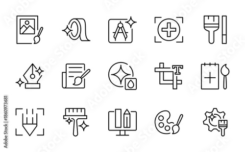 Painting line icon set. Creativity, drawing, portfolio, idea, Brush, graphic design, Spray, color palette, paint bucket icon illustration