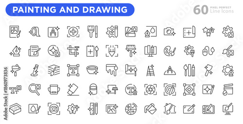 Painting and drawing line icon set. Creativity, drawing, portfolio, idea, brush, graphic design, spray, color palette, paint bucket, vector icons. Editable stroke