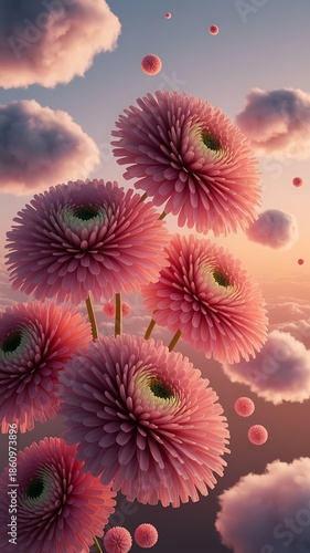 Fantasy pink flowers in the sky.