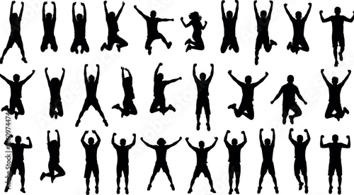 People jumping silhouette set showing happy energetic poses celebration success joy freedom black vector illustration collection