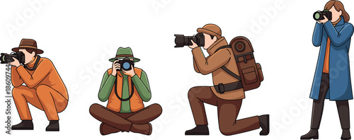 Photographer character illustration set showing professional people taking photos with camera outdoor travel journalism cartoon vector style