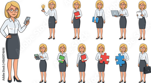 Professional business woman character set with office poses, documents, technology and teamwork concepts, corporate cartoon illustration, flat vector style