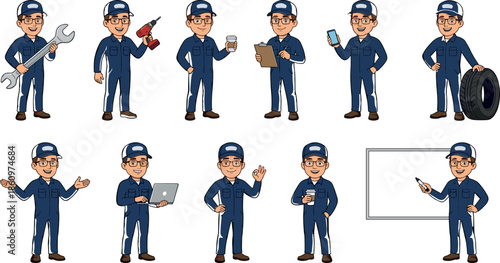 Professional mechanic worker character set showing tools, gestures and service actions, industrial repair cartoon illustration, flat vector style