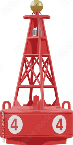 Red navigational buoy with number 4 and beacon for maritime safety and channel marking design - flavector