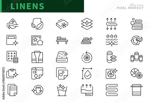 Linens line icon set. Bedroom, pillow, blanket, mattress, textile, fabric, laundry, sleep, comfort, home, interior, pixel-perfect vector icons