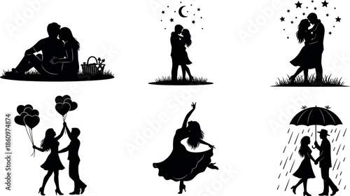 Romantic couple silhouette scenes with love, moonlight, rain, balloons, dancing and picnic moments - flavector