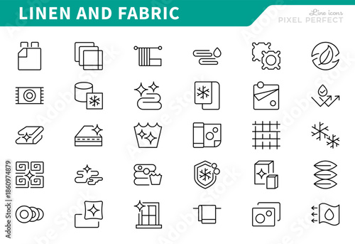 Linen and fabric management icons set. Washing, drying, clean, iron, fabric care, maintenance, service, hotel, vector icon pack. Pixel-perfect stroke