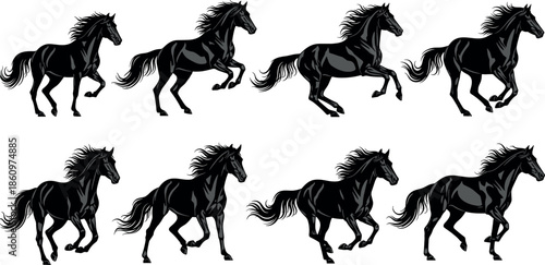 Running horse silhouette icon set showing galloping stallions wild equine motion power speed black white vector illustration collection